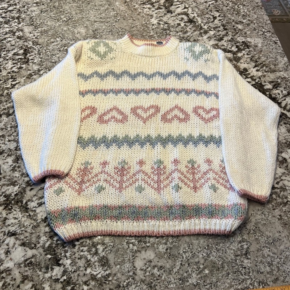 Vintage 1990s Golden Touch Knitted Heart Pattern Sweater Pastel Cream Size 20W